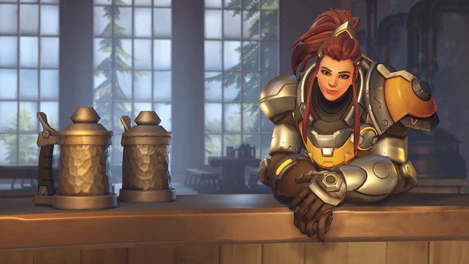 Brigitte leaning on a bar in Overwatch 2