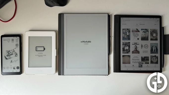 A line up of a bunch of e-ink devices, including the BOOX Palma, Kindle Paperwhite, reMarkable, and the BOOX Ultra Tab C Pro