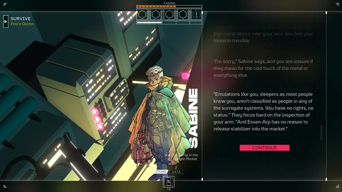 Image of a conversation with Sabine in Citizen Sleeper