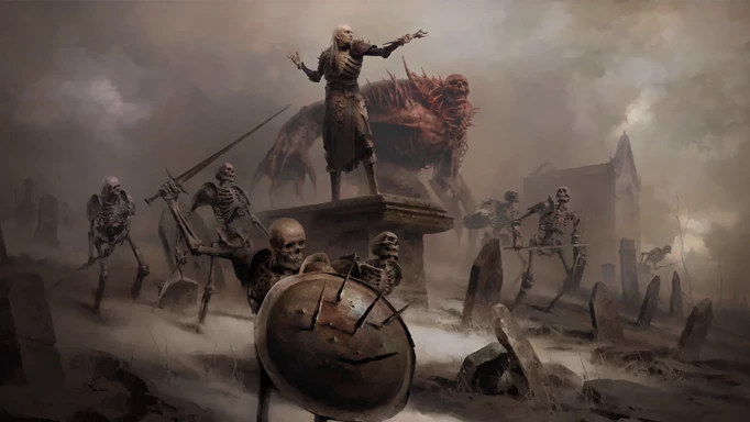 A necromancer leading an army of skeletons in Diablo IV.