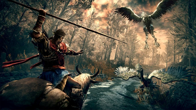 Image of a character on horseback throwing a spear at a giant bird in Elden Ring Shadow of the Erdtree