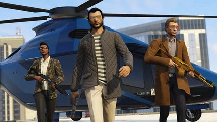 Characters in front of a helicopter in GTA Online