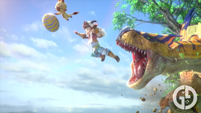 The main character diving off a cliff for an egg in Monster Hunter Stories 1