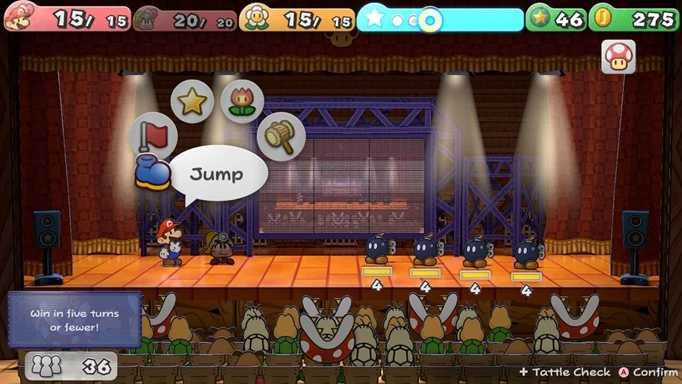 Fighting Bob-Ombs in Paper Mario TTYD.