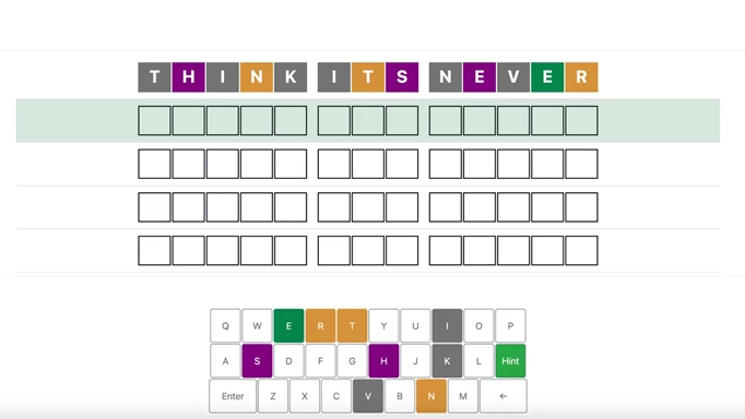 Screenshot of the game board in Phrazle showing the different colour tiles