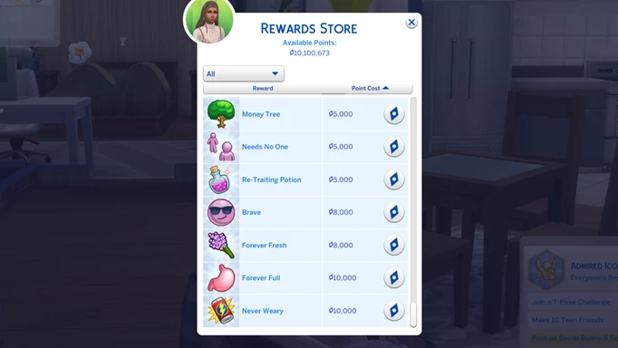 Screenshot of The Sims 4 rewards store