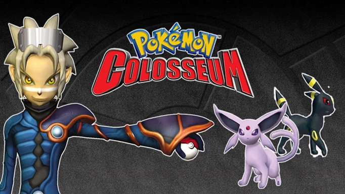 Key art from Pokémon Colosseum, featuring the protagonist Umbreon and Espeon