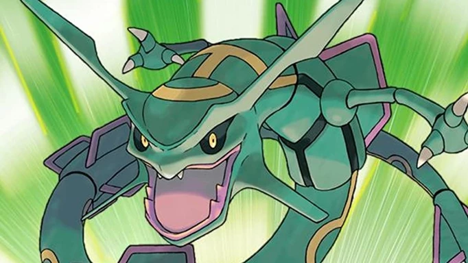 Key art from Pokémon Emerald showing legendary Pokémon, Rayquaza