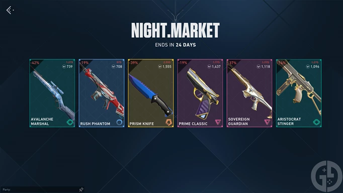 a collection of weapons in the VALORANT Night Market from one of the previous dates in 2023